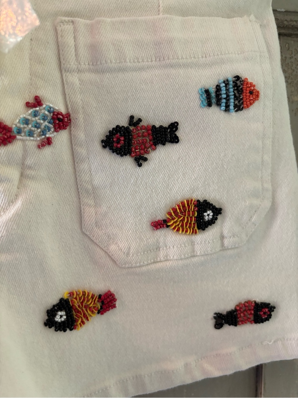 Anthropologie White Cotton Shorts with Multicolor Fish Embroidery - Picture 4 of 11